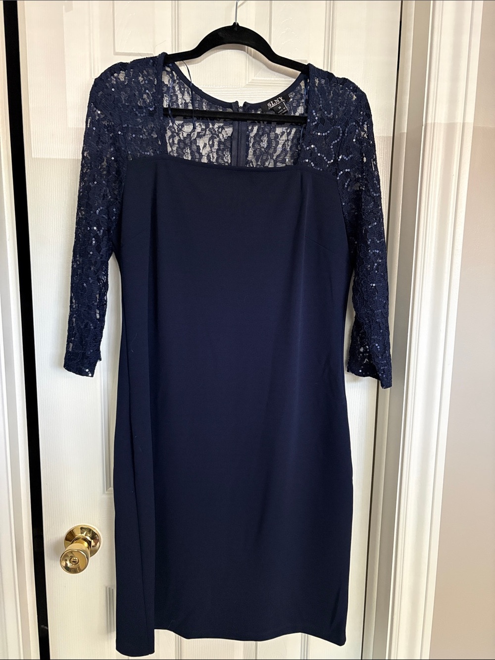 SLNY Navy Lace Sleeve Sheath Dress